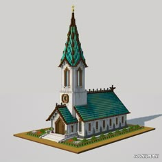 a model of a church with a green roof and steeple on the top is shown