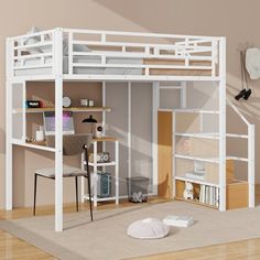 a white loft bed with stairs and desk underneath it in a room that has hardwood floors