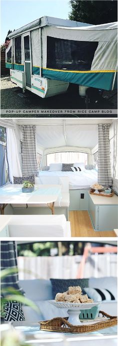 there are two pictures of the inside of a camper