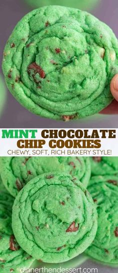 mint chocolate chip cookies are stacked on top of each other with the words mint chocolate chip cookies