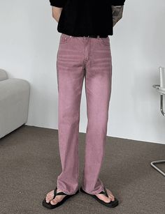 Rose-And-Rose Men's Laundry Pigment Semi Wide Denim Pants Pink ROSE017 PNK - APLAZE Pink Relaxed Fit Wide Leg Jeans, Pink Full-length Jeans, Pink Full-length Cotton Jeans, Pink High Waist Relaxed Fit Jeans, Pink High-waisted Relaxed Fit Jeans, High Waist Pink Relaxed Fit Jeans, Relaxed Fit Pink Jeans With Five Pockets, Pink Straight Leg Jeans With Pockets, Pink Wide Leg Bottoms With Five Pockets