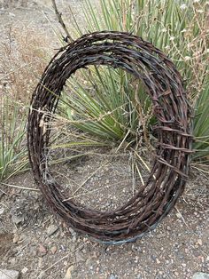 a wire wreath sitting on top of a dirt ground next to grass and bushes in the background