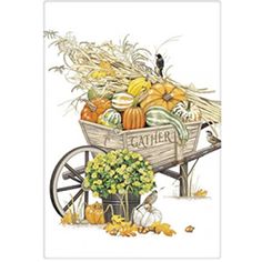 folded white kitchen towel with a wheelbarrow full of pumpkins and wheat stalks. Decorative Paper Napkins, Paper Cocktail Napkins, Napkin Decoupage, Autumn Paper, Paper Napkins For Decoupage, Pumpkin Crafts, Fall Pictures, Decoupage Paper, Autumn Art