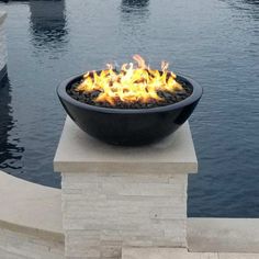 Modern Blaze Round Concrete Gas Fire Bowl Propane Fire Bowls, Pool Fire Bowls, Fire Bowls Outdoor Pool, Pool Fire Feature, Fire Bowls Outdoor, Pedestal Ideas, Propane Fire Bowl, Backyard Modern, Deck Pool