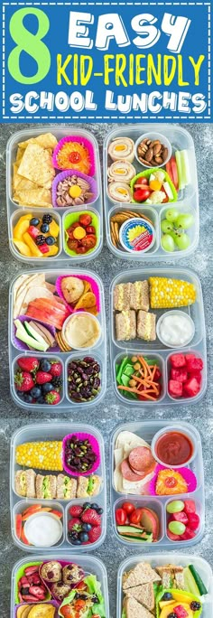 the 8 easy kid - friendly school lunches are packed in plastic containers and ready to be eaten