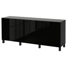 a black sideboard with three doors and two drawers on each side, in front of a white background