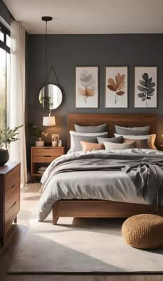 a bedroom with grey walls and wooden furniture