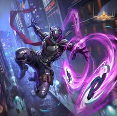 an image of a man flying through the air in front of some purple rings and buildings