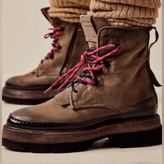 Not Your Classic Combat Boots, This Unique Pair Features A Triple Stacked Midsole With Colorful Rope Laces On A Lived-In, Handcrafted Design That's Sure To Turn Heads. Brand New W/Tag; No Box Included With Purchase *Combat, Hiking Style *Ankle Height *Side Zip Closure *Back Pull Tab *Intentional Distressing Throughout *Cushioned Insole *Triple Stacked Platform Sole *Rugged Sole *Leather, Rubber *Imported Size: 38 / 8 Approximate Heel Height: 2" As 98 Boots Woman, Lace-up Hiking Boots With Leather Sole, High-top Lace-up Hiking Boots With Leather Sole, Leather Combat Lace-up Hiking Boots, Lace-up Leather Hiking Boots With Steel Toe, Brown Lace-up Hiking Boots With Reinforced Toe, Hiking Style, Hiking Fashion, Pink Lace