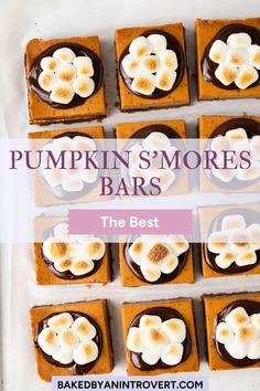 pumpkin s'mores bars with marshmallows on top and the text overlay reads pumpkin s'mores bars