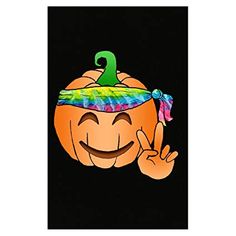 a pumpkin with a hat and peace sign on it's head is smiling at the camera