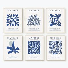 six blue and white prints with different designs on them, all in square frames against a white background