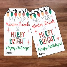 two christmas gift tags with the words merry and bright on them