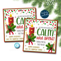 two christmas cards with the words calm and bright on them