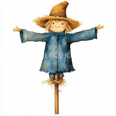 a watercolor painting of a scarecrow on a stick