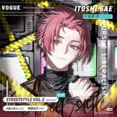 an anime character with pink hair and blue eyes, wearing black leather clothes in front of a