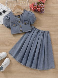 Tween Girls' Casual Light Wash Bubble Short Sleeve Denim Top And Elastic Waist Pleated Denim Skirt Set Light Wash Casual  Short Sleeve Denim Plain  Non-Stretch  Tween Girls Clothing, size features are:Bust: ,Length: ,Sleeve Length: Preppy Kids Ruffle Skirt Youth, Cute Fitted Denim Skirt, Cute Fitted Denim Skirt With Pockets, Summer School Denim Skirt With Pockets, Summer Denim Skirt With Pockets For School, Fitted Denim Skirt For School In Summer, Denim Skirt For School Summer Season, Denim Skirt For School In Summer, Denim Skirt For Summer School