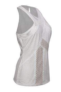 Grab this edgy layer today before it's gone! Made with perforated material and sheer mesh, this is a truly eye-catching tank from BCBG that you'll want to wear with all your favorite moto jackets, cardigans and jeans! Size M No fabric content information, most likely a cotton blend Fitted silhouette Crisscross neckline Mesh accents and perforated design Open mesh back with button closure Waist 32" Total length 26" Casual Sheer Mesh Tank Top, White Mesh Tank Top For Workout, White Fitted Nylon Tank Top, Fitted Hollow Out Mesh Top For Spring, Stretch Hollow Out Mesh Top For Summer, Stretch Mesh Top With Hollow Out For Summer, Stretch Mesh Top With Hollow Out Details For Summer, Summer Stretch Mesh Top With Hollow-out Details, Spring Mesh Fitted Tank Top