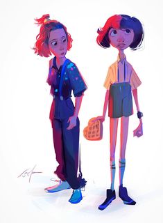 two cartoon girls standing next to each other with one holding a basket and the other carrying a purse