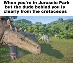 an image of dinosaurs in the wild with caption that reads, when you're in jurassic park but the dude behind you is clearly from the cretaeousous