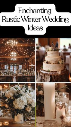 Cozy rustic winter wedding décor with wooden accents, twinkling lights, and seasonal florals. Winter Wedding Decorations Rustic, Backyard Winter Wedding Ideas, Cottagecore Winter Wedding, Small Wedding Ideas Winter, Rustic Winter Wedding Centerpieces, Log Cabin Wedding Decorations, Barn Winter Wedding, Winter Wedding Ideas January, Small Winter Wedding Ideas