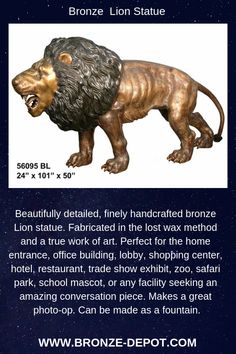 the bronze lion statue is on display in front of a blue background with text that reads bronze