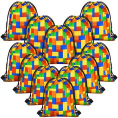 six multicolored backpacks sitting next to each other