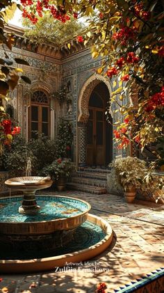 an outdoor fountain surrounded by potted plants and red flowers in the background, with sunlight streaming through