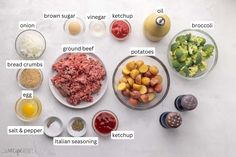 the ingredients for this meal include broccoli, potatoes, meat and other things