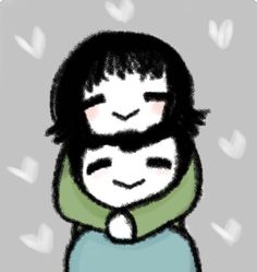 a drawing of a man with a beard and green scarf around his neck, hugging another man's shoulders