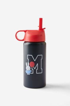 a black and red water bottle with the letter m on it