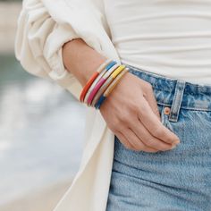 Our Indian Summer Bangle Set will sure to brighten up your Fall wardrobe this season. Paired well with our Blue Sea Stone or Citrus Triangle earrings, you’ve got the completed look! Sold in a set of 5. Color: Navy, Yellow, Raspberry Pink, Tomato Red, Seas Stone Blue and Natural Buffalo Horn Color Wheel Bracelet, Raspberry Pink, Indian Summer, Triangle Earrings, Bangle Set, Fall Wardrobe, Blue Sea, Amazing Jewelry, Rope Bracelet