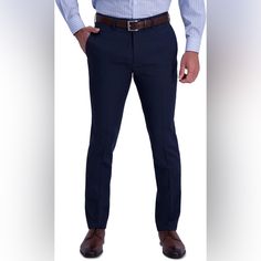 Slim Fit Poly/Wool/Spandex Pants With Flat Front Style, Belt Loops, Zip Closure, Half Front Lined, Coin Pocket, And Back Pockets. 34x34 Slim Fit Full Length Business Casual Pants, Slim Fit Full Length Pants For Business Casual, Business Straight Pants With Elastane, Business Straight Leg Elastane Pants, Slim Fit Blue Dress Pants, Business Casual Slim Fit Elastane Bottoms, Fitted Pants For Business Casual, Blue Slim Fit Straight Dress Pants, Navy Slim Fit Pants For Business Casual