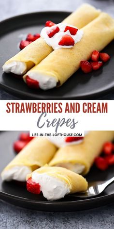 strawberries and cream crepes on a black plate