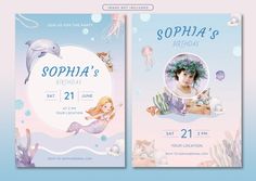 two birthday cards with an image of a mermaid and dolphin in the ocean on them