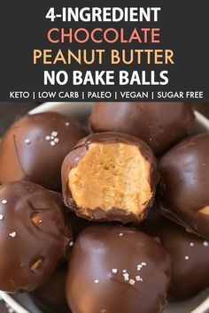 four ingredient chocolate peanut butter no bake balls in a bowl with text overlay