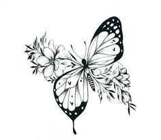 a black and white drawing of a butterfly with flowers on it's back wing