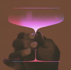 a person holding a wine glass in front of a pink and blue light that is shining