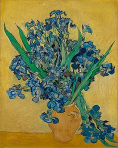 a painting of blue flowers in a vase on a yellow tablecloth with green stems