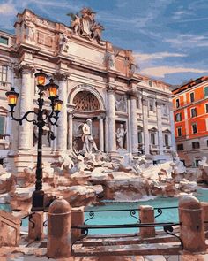 an artistic painting of a fountain in front of a large building with statues on it