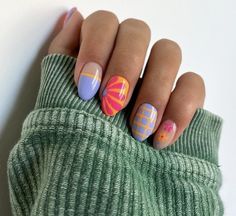 Mismatched Gel Nails, Colorblock Nails, Mismatch Nail Designs, Nail Inspo Vacation, Mismatch Manicure, Funky Mismatched Nails, Funky Summer Nails 2024, Color Block Nails, Teen Nails