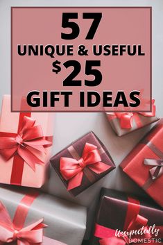 several wrapped presents with red bows and the words, $ 75 unique & useful gift ideas