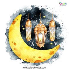 three lanterns are sitting on the moon with watercolor splashes around them and stars in the sky