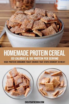 homemade protein cereal in two bowls on a table with the text, homemade protein cereal 150 calories & 10g protein per serving