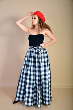 "This beautiful 80s black and white checkered skirt is made out of high quality soft cotton fabric. It is high waisted and has a separate 2,5m (8ft) long belt, made of the same fabric as the skirt and a hidden zipper on the side. You can tie the belt into a bowtie or however else you want. Pockets can be sewn in if you want to. Perfect for any day, that is special to you. Care: hand wash and hang dry Available Size: XS, S, M, L, XL, 2XL, 3XL, 4XL, 5XL, 6XL, 7XL, 8XL The model wears size M - 5,7' Plaid Cotton Long Skirt, Plaid Long Cotton Skirt, Plaid Cotton Skirted Bottoms, Long Plaid Cotton Skirt, Plaid Cotton Flared Skirt, Cotton Plaid Flared Skirt, Plaid Full Skirt Bottoms For Summer, Gingham Cotton Skirt, Fitted Cotton Gingham Skirt