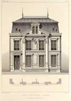 an architectural drawing of a building with windows and balconies on the second floor