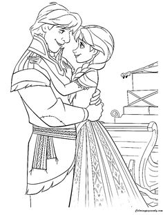 the frozen princess and prince hugging in front of a boat coloring pages for kids to print