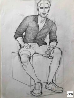 a drawing of a man sitting on top of a box with his hands in his pockets