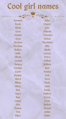 a white sheet with gold lettering and names on it that says cool girl names in different languages