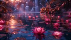 pink water lilies floating on top of a lake next to a waterfall in the background